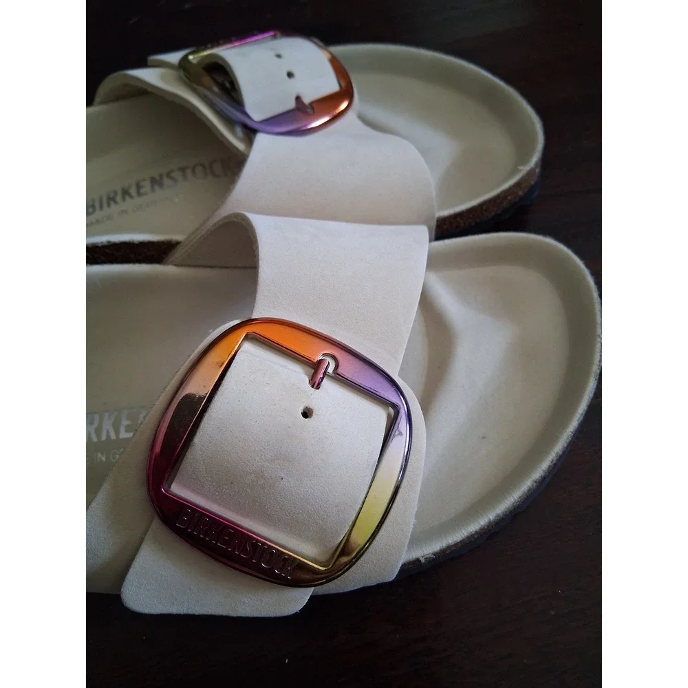 Birkenstock Madrid Big Buckle Sandals 42 Cream Leather Iridescent Rainbow buckle - Picture 2 of 8